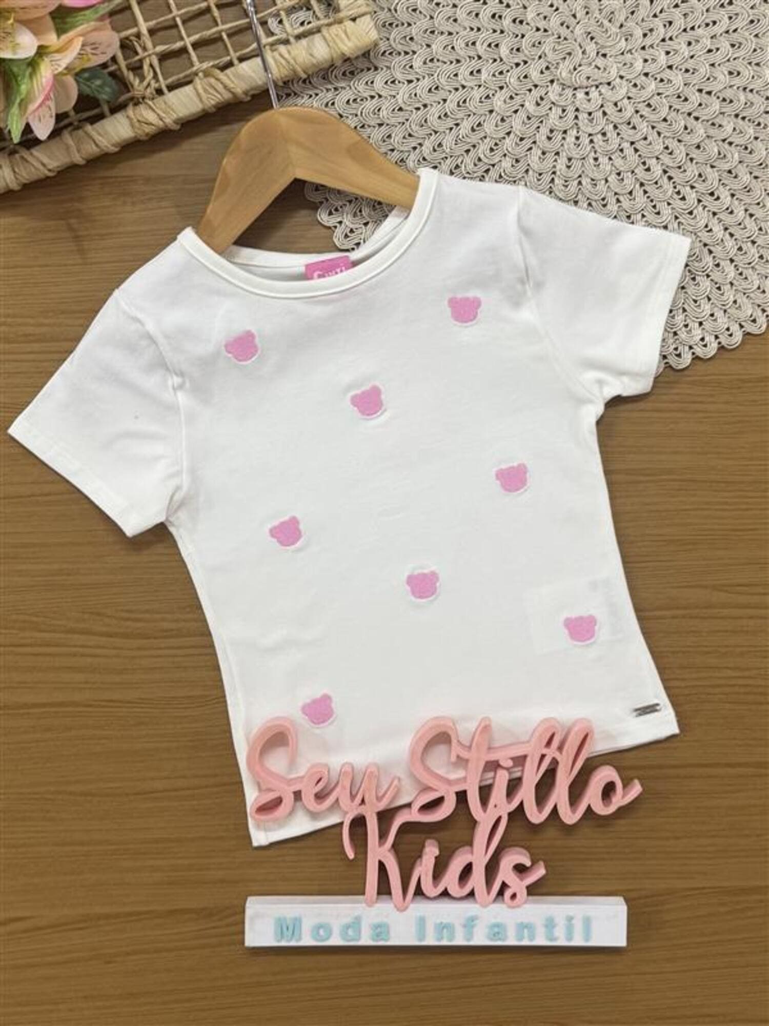 Blusa Infantil Cinti Verão Branca Ursinhos Rosa