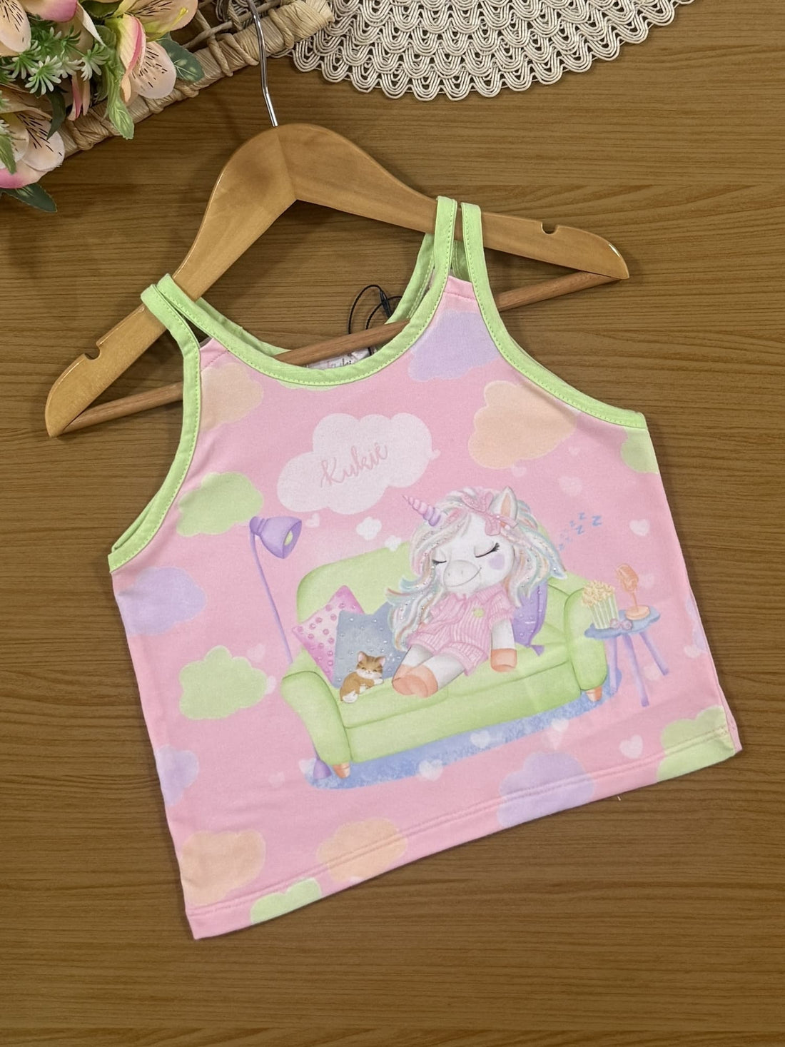 Pijama Infantil Kukiê Verão com Shorts Verde e Regata Rosa Unicórnio Hora de Dormir