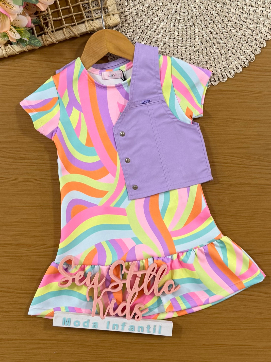 Vestido Infantil Kukiê Verão Colorido com Colete Lilás