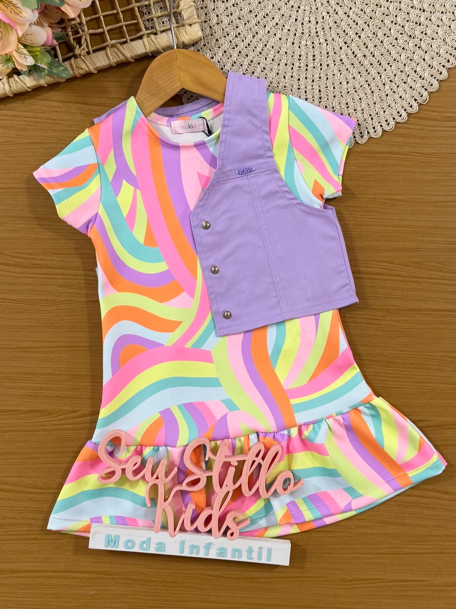 Vestido Infantil Kukiê Verão Colorido com Colete Lilás