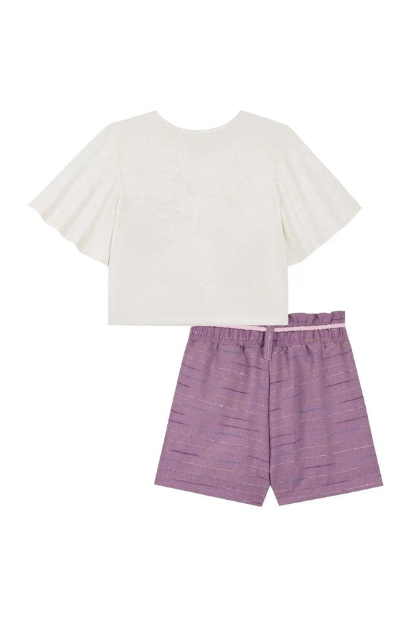 Conjunto Infantil Kukiê Verão com Shorts Roxo e Blusa Off White Ursinha e Girafa