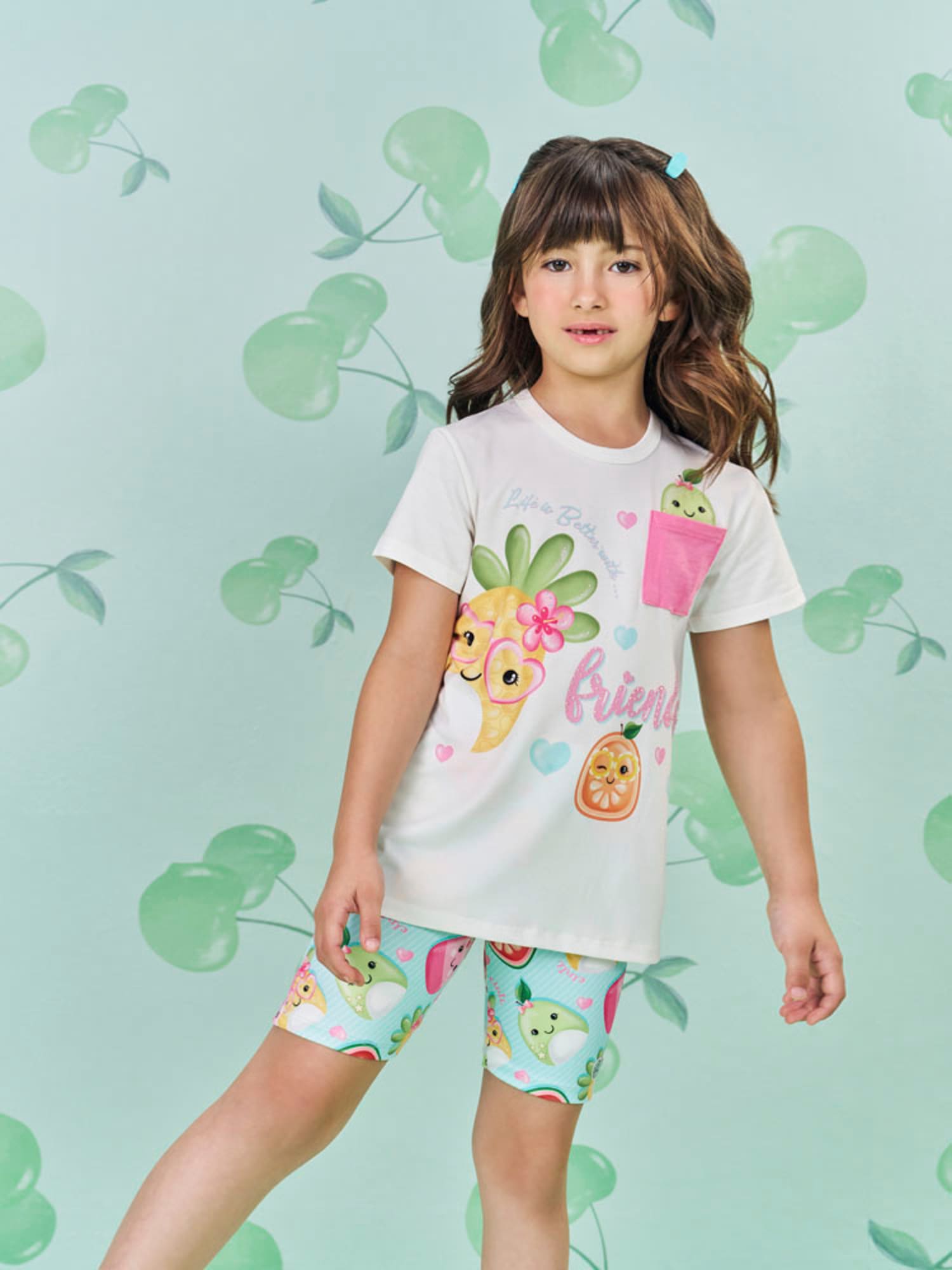 Conjunto Infantil Cinti Verão com Shorts Ciclista Azul e Blusa Branca Frutinhas