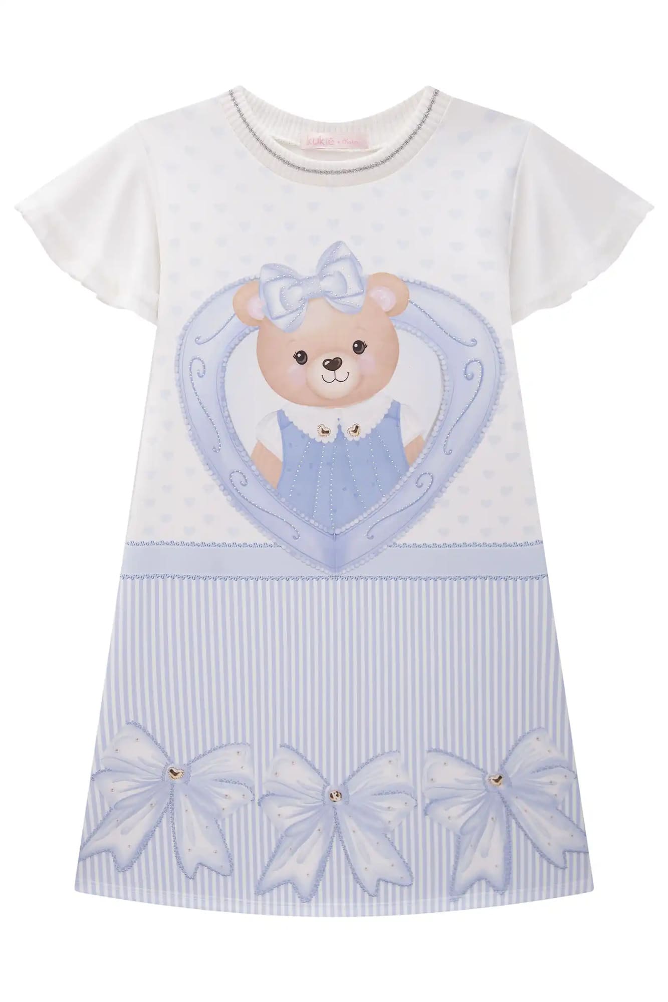 Vestido Infantil Kukiê Manga Curta Azul Ursinha com Strass