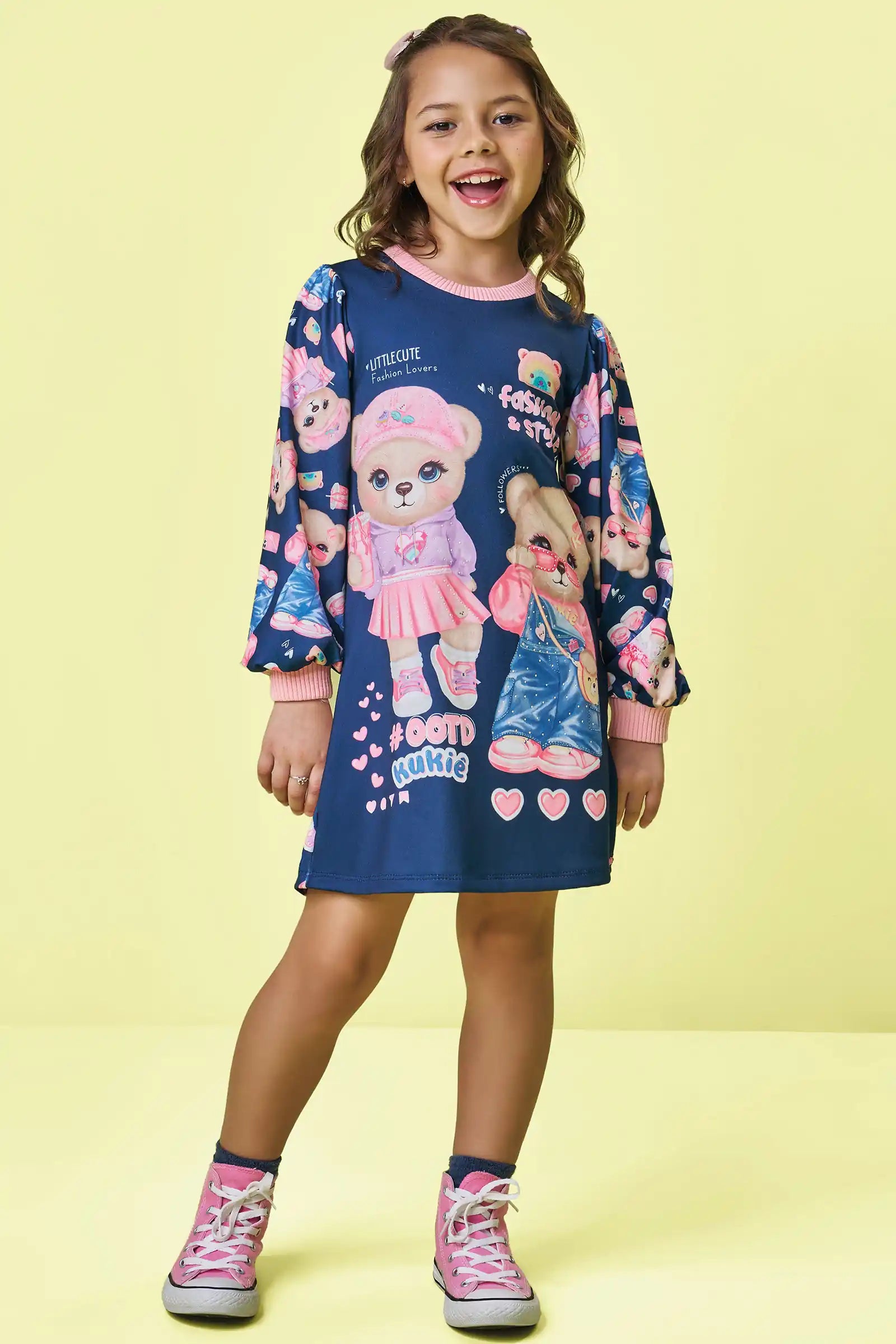 Vestido Infantil Kukiê Inverno Azul Marinho Ursinhas Fashion e Style