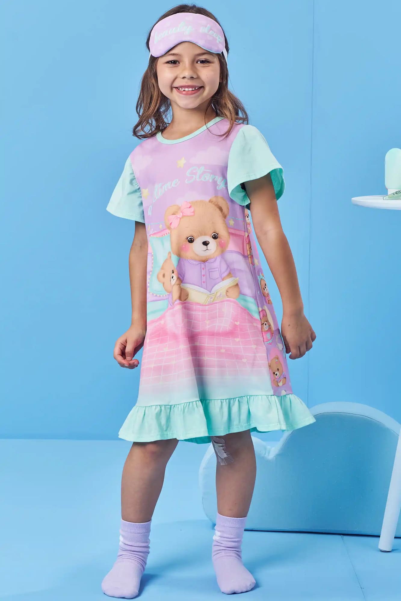 Camisola Infantil Kukiê Verão Colorida Hora de Dormir com Tapa Olhos