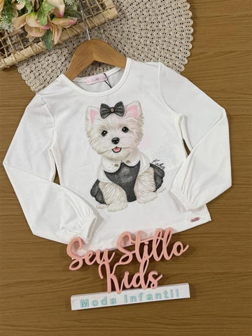 Blusa Infantil Kukiê Inverno Manga Longa Branca Cachorrinha Fashion