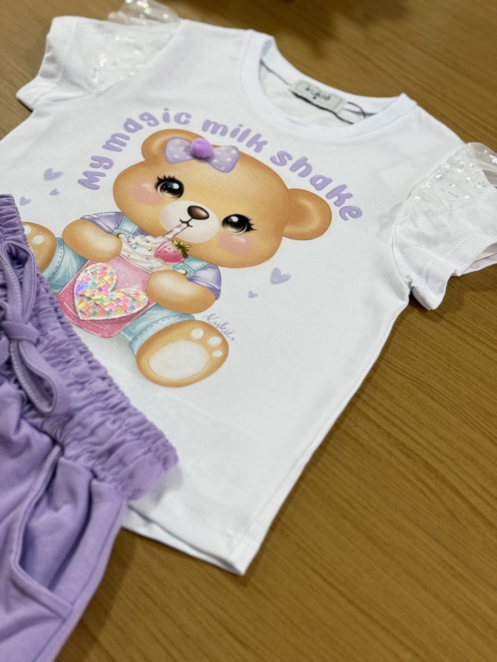 Conjunto Infantil Kukie Verão Shorts Saia e Blusa Branca Ursinha