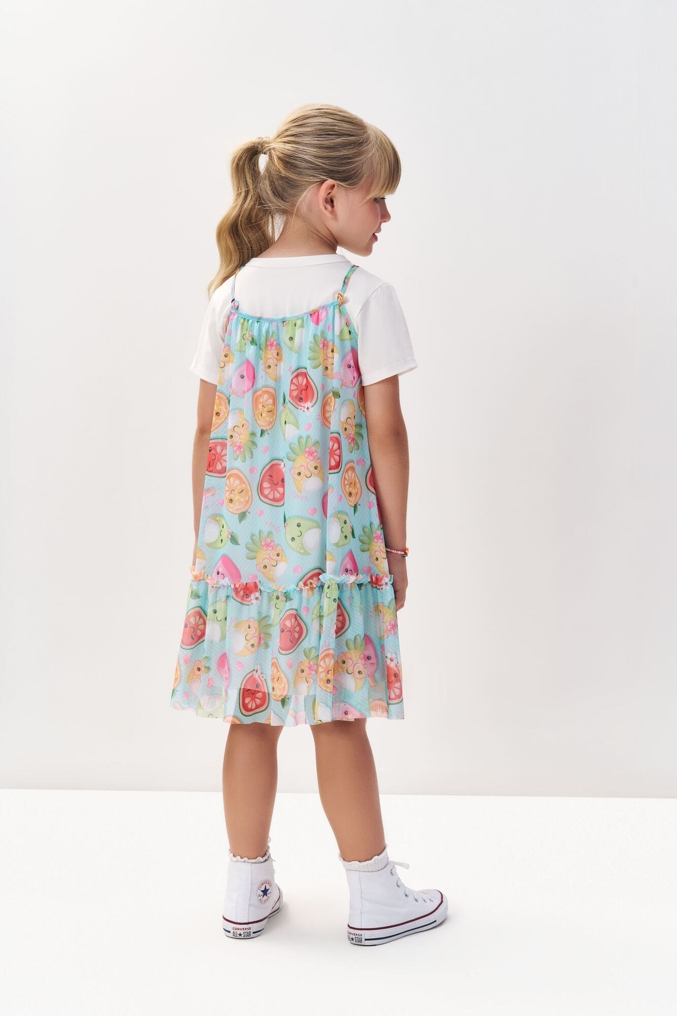 Vestido Infantil Cinti Verão com Pulseira e Sobreposição Azul Frutinhas