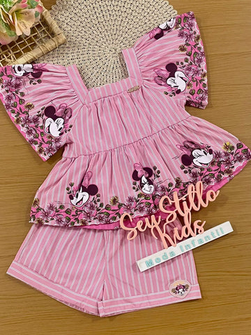 Conjunto Infantil Menina Animê com Shorts e Blusa Listrada Rosa Minnie Florista Disney