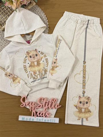 Conjunto Infantil Cinti Inverno com Calça e Moletom Flanelado Off White Capivara Fashion
