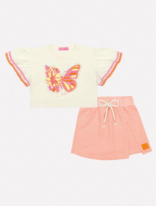 Conjunto Infantil Cinti Verão Shorts Laranja e Blusa Borboleta