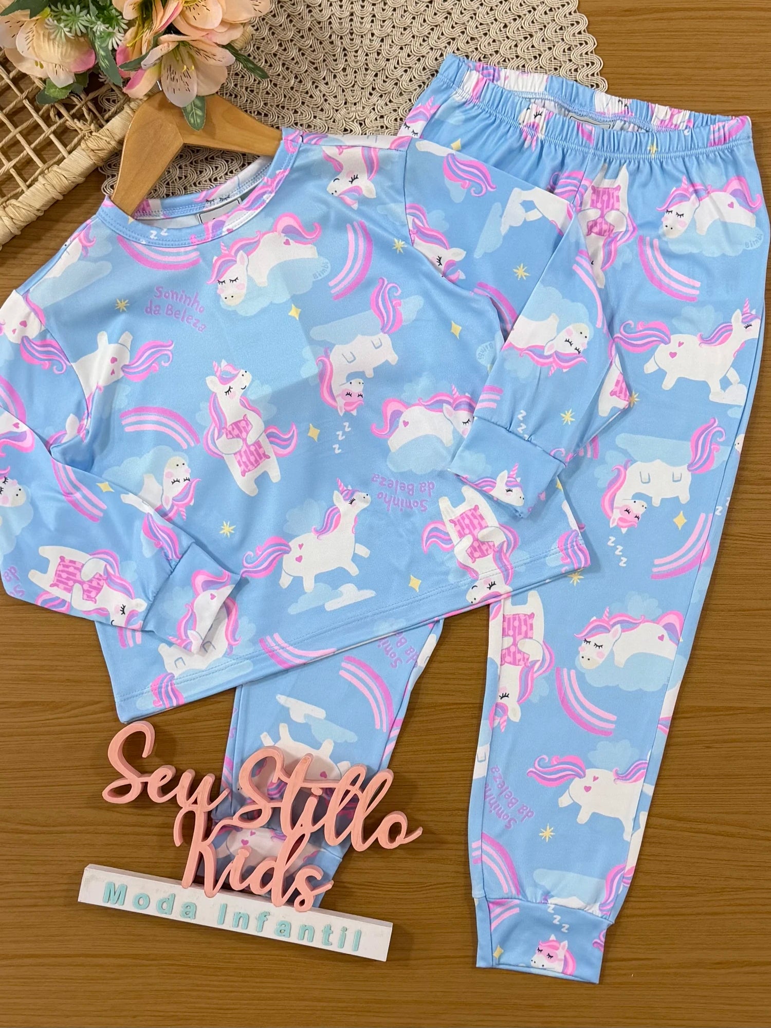 Pijama Infantil Bimbi Inverno com Calça e Blusa Manga Longa Azul Unicórnios