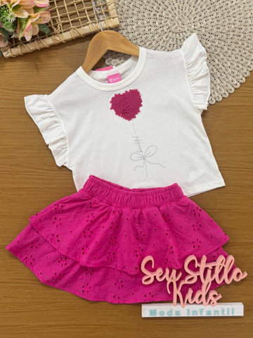 Conjunto Infantil Cinti Verão com Saia Rosa e Blusa Branca Coração Bordado