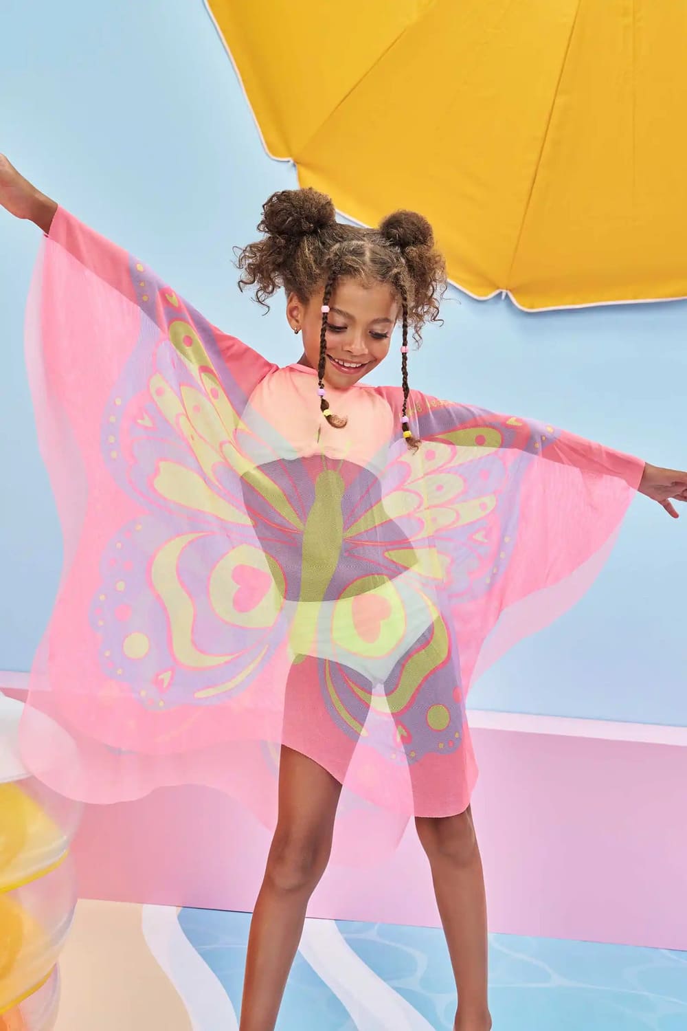 Saída de Praia Infantil Kukie Verão Rosa Borboleta