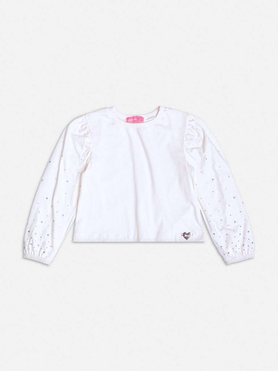 Blusa Infantil Momi Inverno Manga Longa Off White com Strass