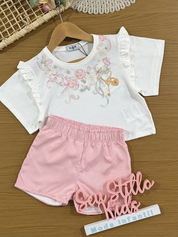 Conjunto Infantil Kukiê com Shorts Rosa e Blusa Manga Floral