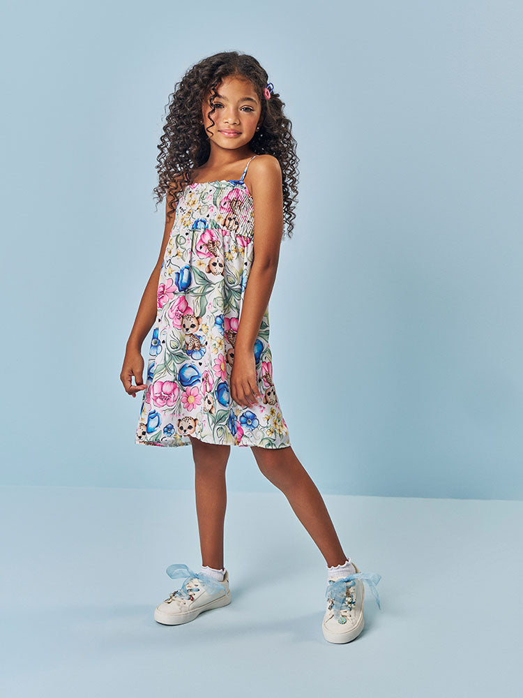 Vestido Infantill Cinti Verão com Alça Branco Oncinha Floral