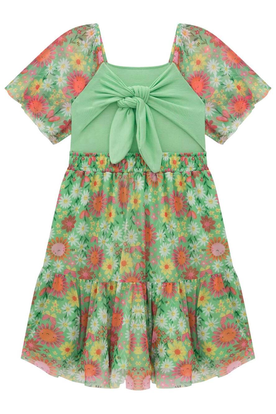 Vestido Infantil Kukiê Verão Verde Tule Flor