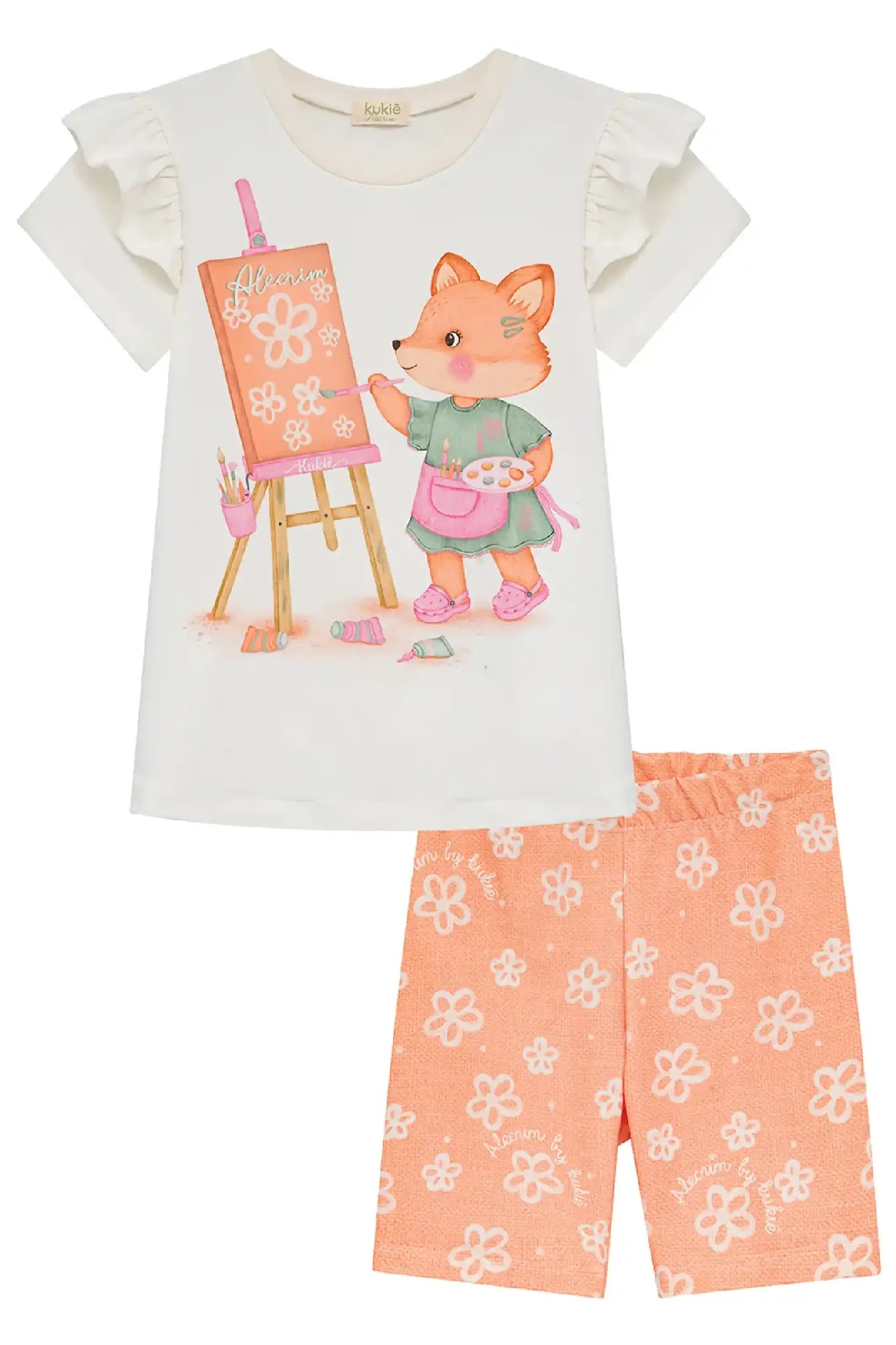 Conjunto Infantil Menina Kukiê com Shorts Ciclista Laranja e Blusa Branca Raposinha Artista
