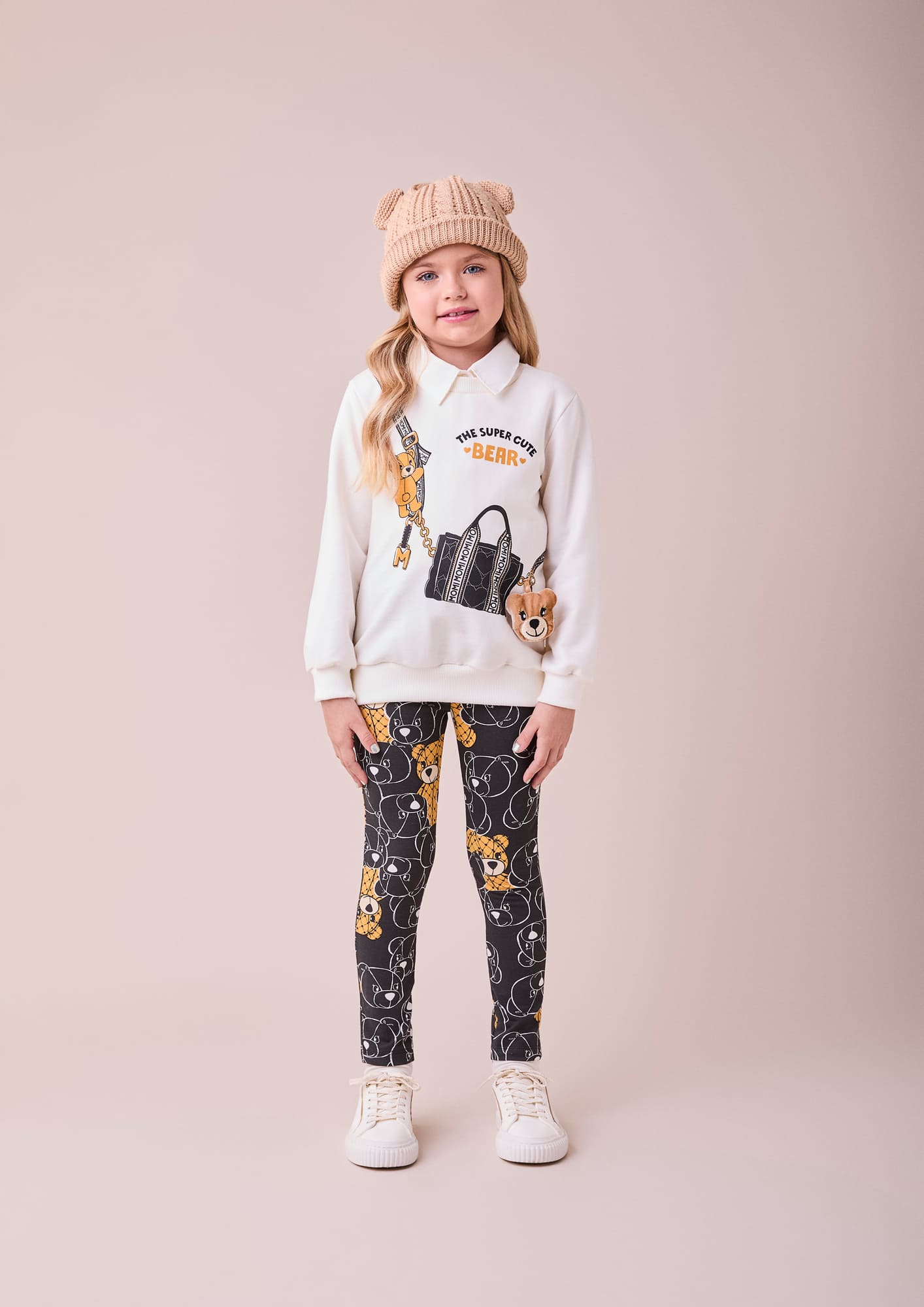 Conjunto Infantil Momi Inverno com Calça Prata e Moletom sem Flanela Branco Cute Bear