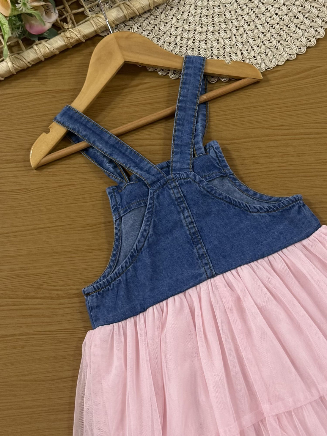 Vestido Infantil Momi Verão Jenas e Tule Rosa Helle Kitty