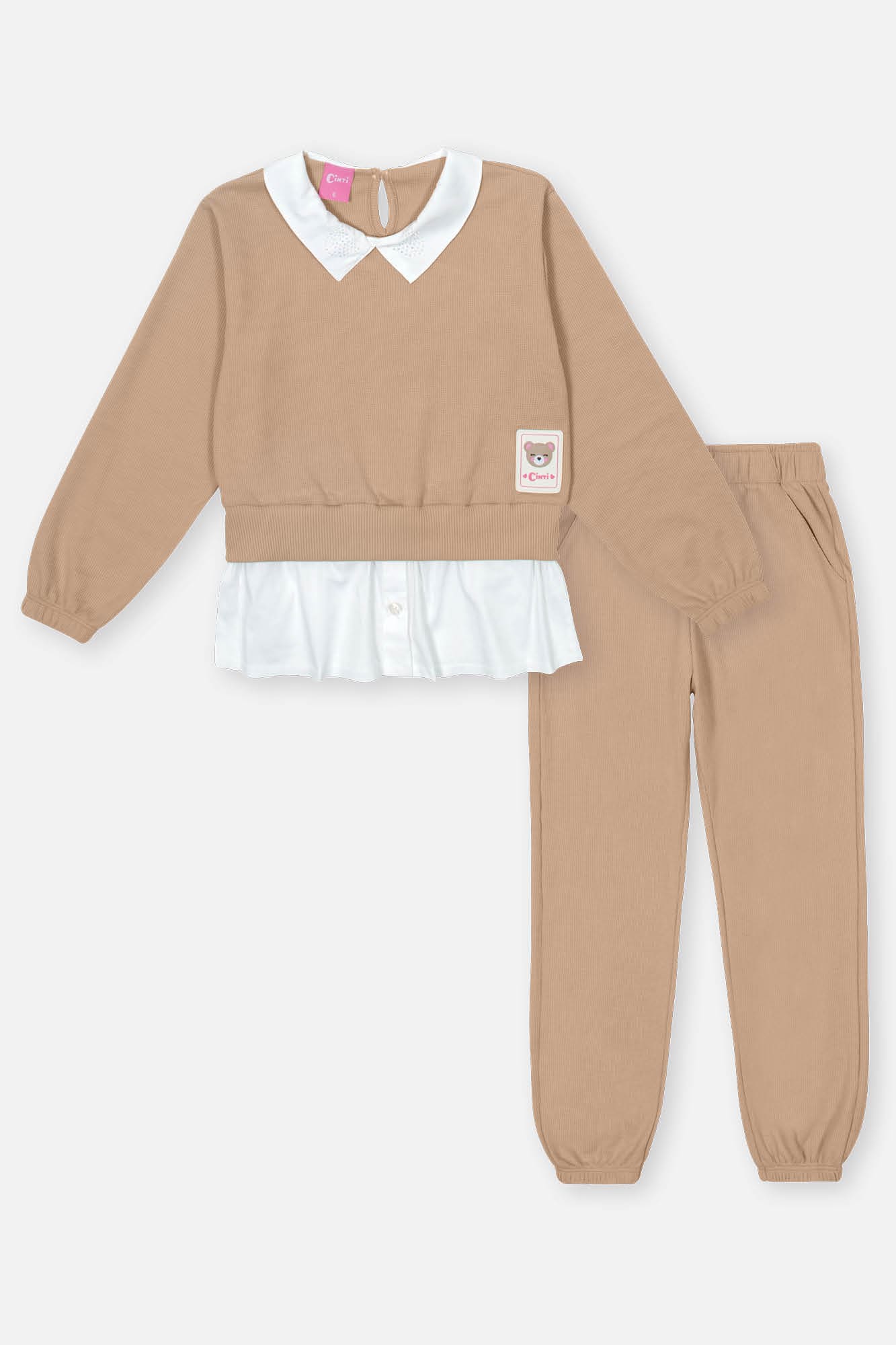 Conjunto Infantil Cinti Inverno com Calça e Casaco Bege com Strass