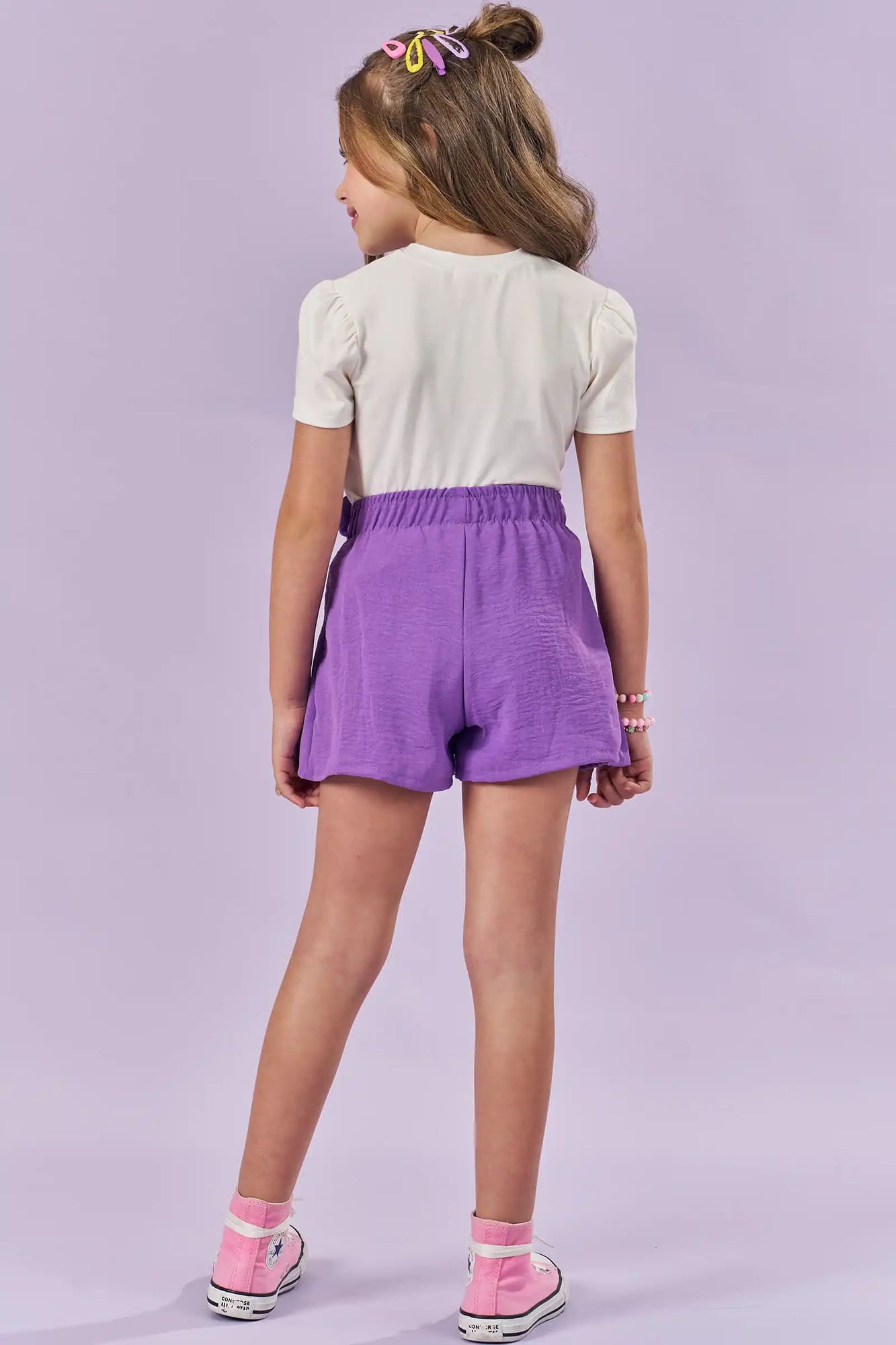 Conjunto Infantil Kukiê Verão com Short-Saia Roxo e Blusa Branca Mermaid