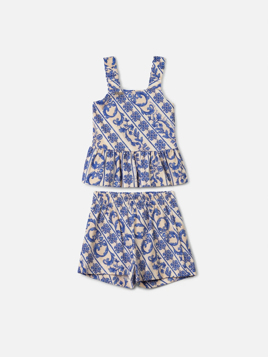 Conjunto Infantil Menina Animê com Shorts e Blusa Azul Floral