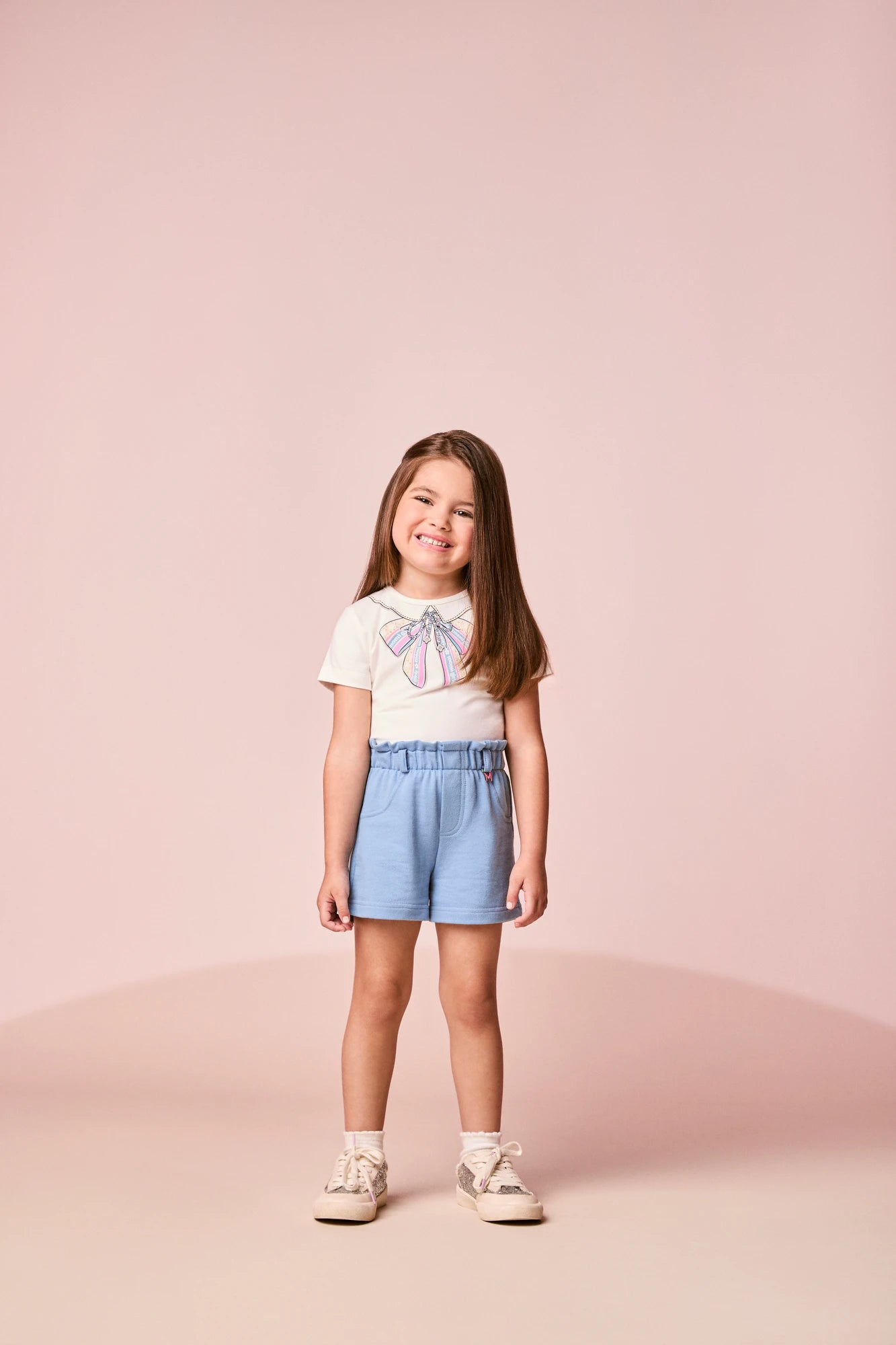 Conjunto Infantil Momi Inverno com Shorts Azul e Blusa Manga Longa Lacinho Colorido