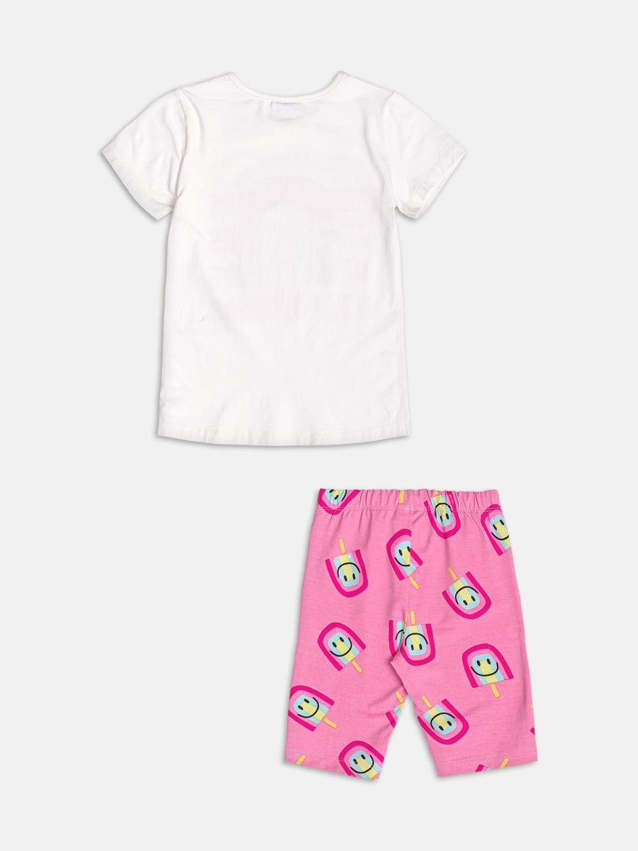 Conjunto Infantil Momi Verão com Shorts Ciclista Rosa e Blusa Branca Sorvetinho