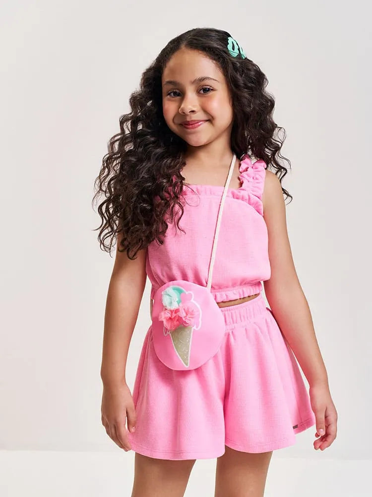 Conjunto Infantil Menina Cinti com Shorts e Blusa Rosa Strass