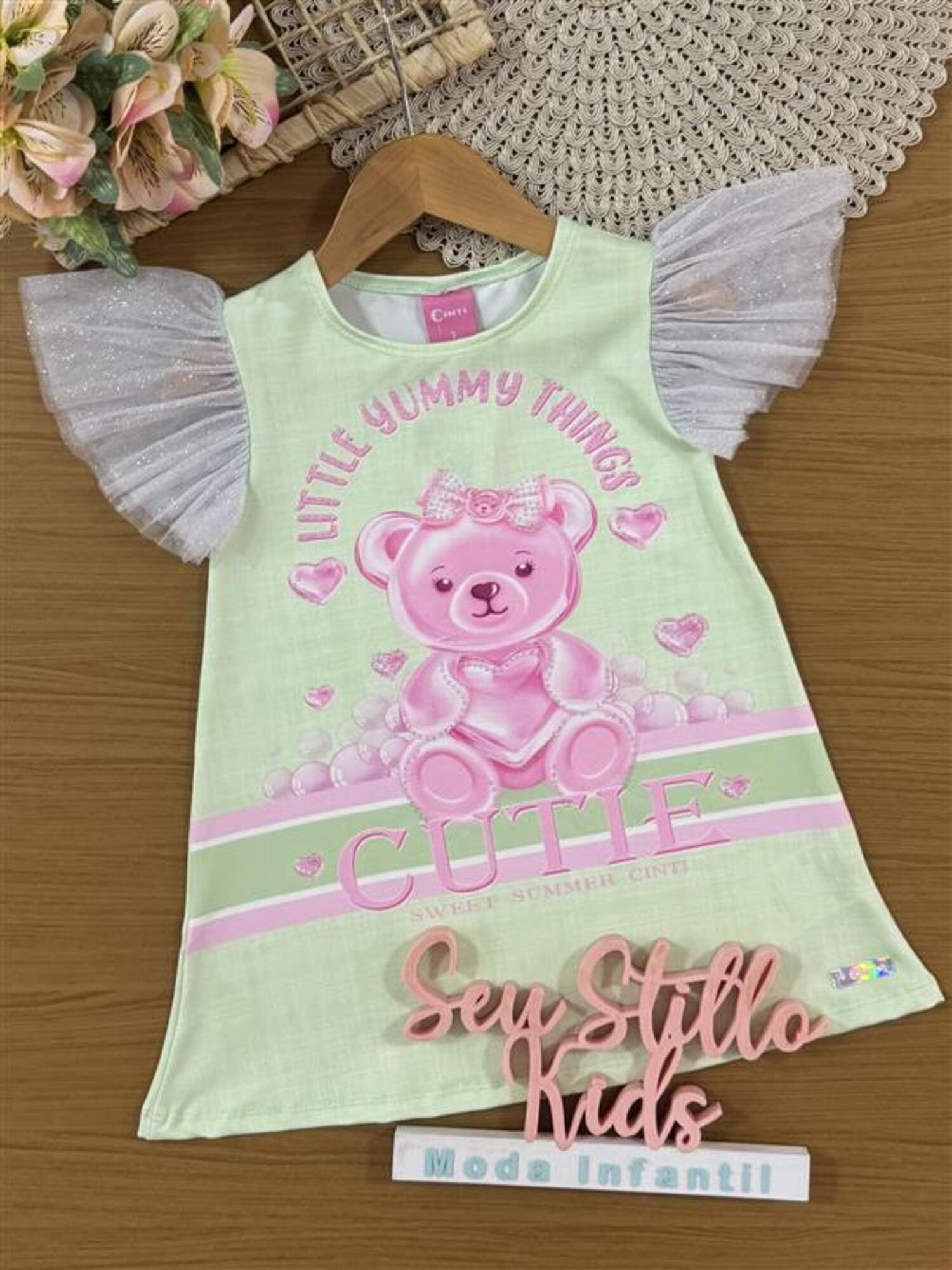 Vestido Infantil Cinti Verão Verde Ursinha Cutie com Strass