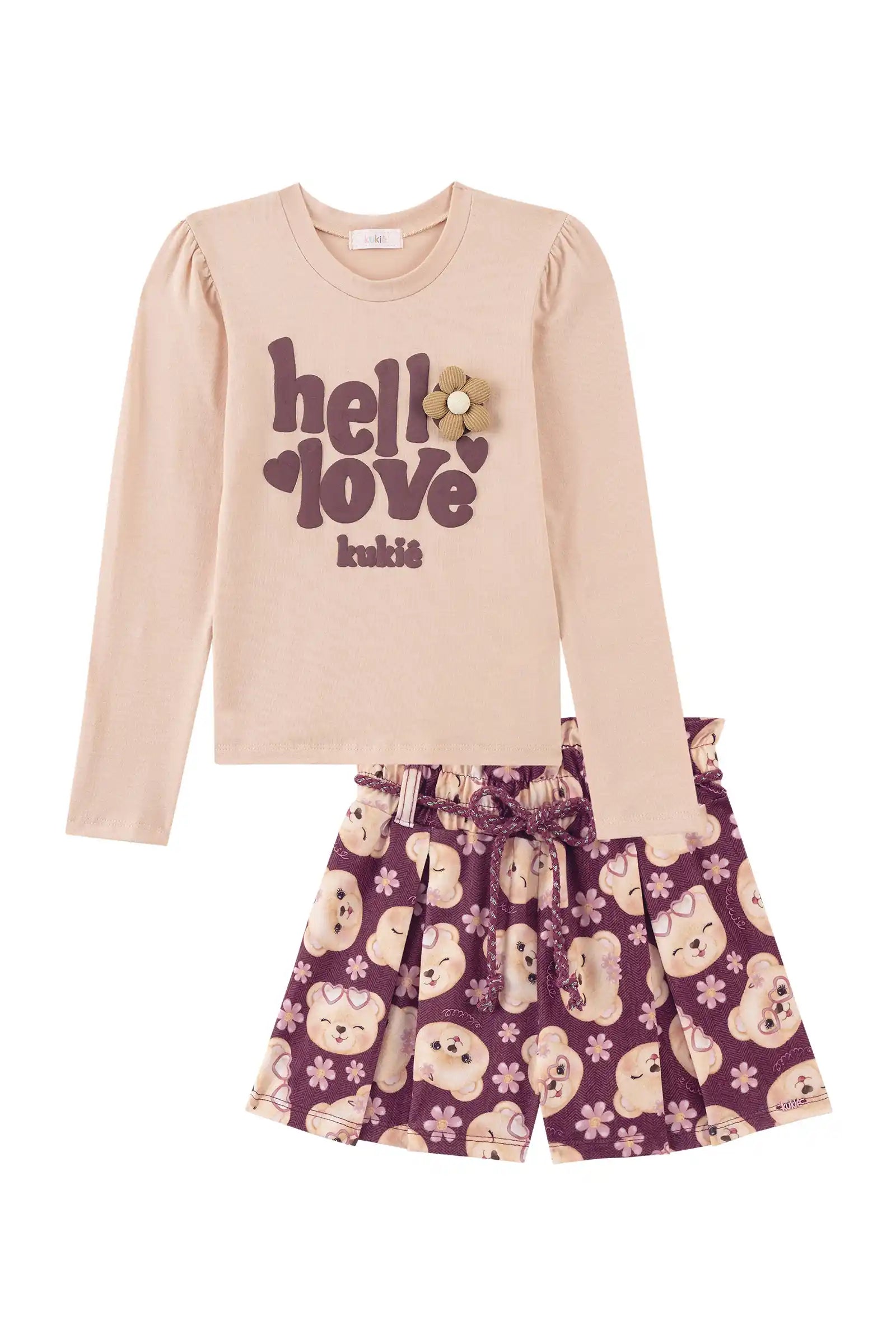 Conjunto Infantil Kukiê Inverno com Shorts Marrom e Blusa Manga Longa Hello Love