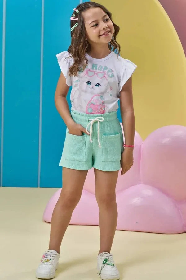 Conjunto Infantil Menina Kukiê com Shorts Verde e Blusa Gatinha Happy