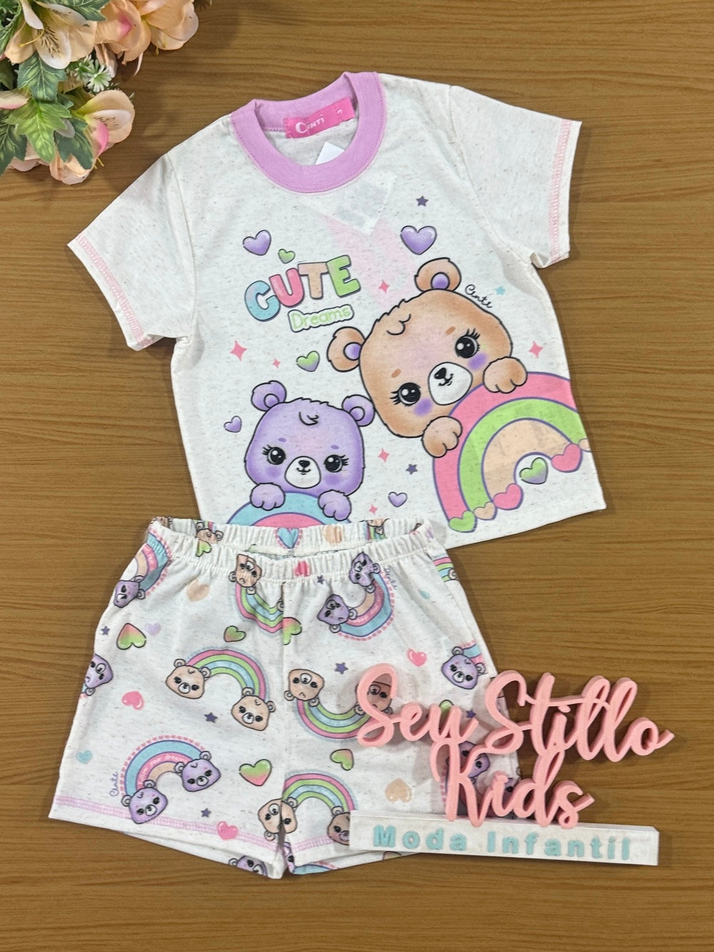 Pijama Infantil Cinti Verão Shorts e Blusa Ursinho Lilás