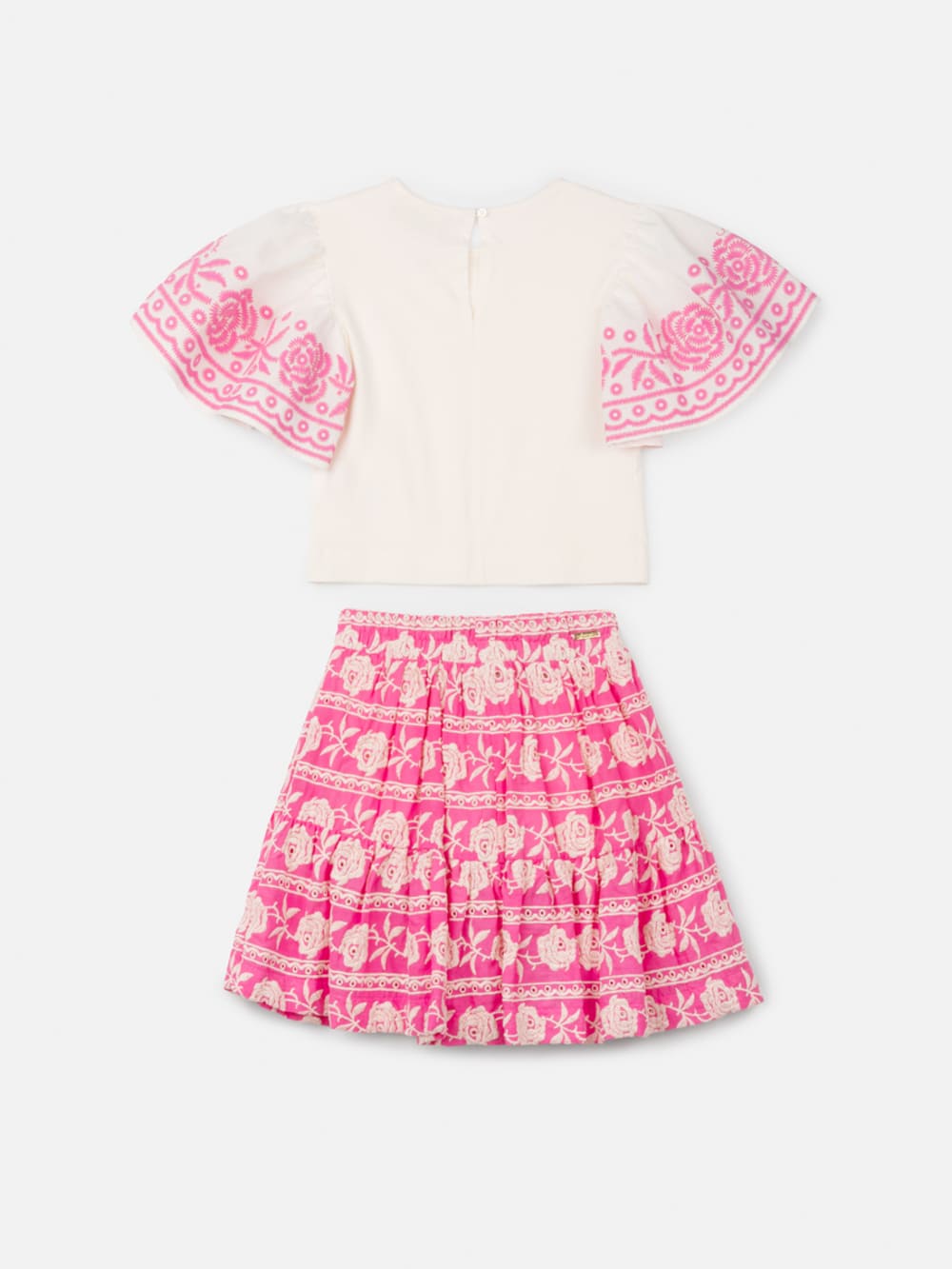 Conjunto Infantil Animê Verão Saia Rosa Bordada e Blusa