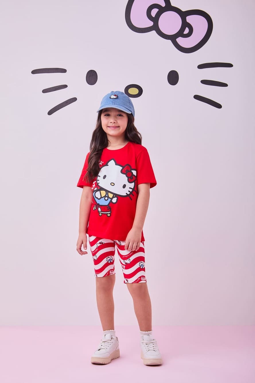 Conjunto Infantil Momi Verão Shorts Ciclista e Blusa Vermelha Hello Kitty