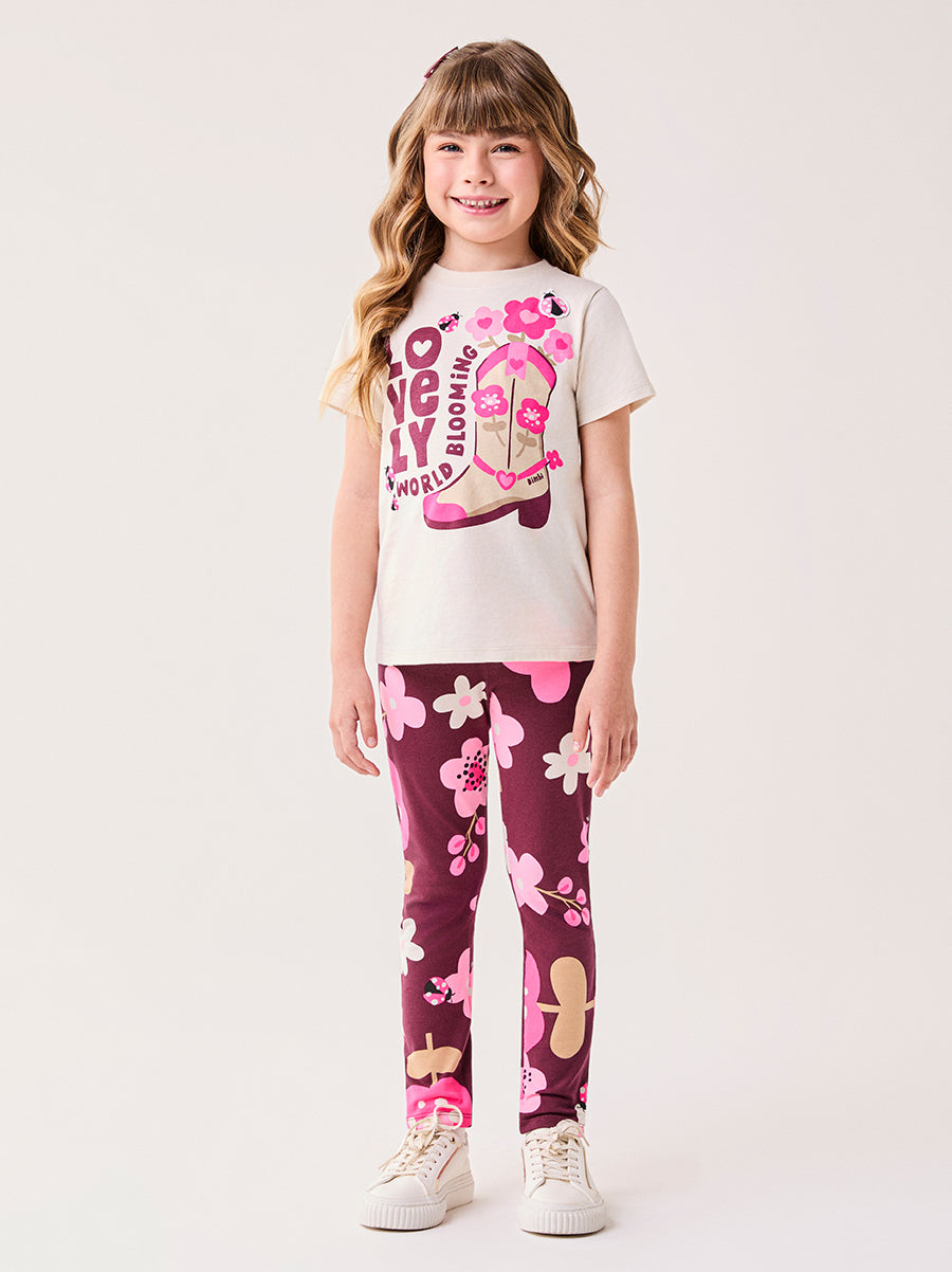Conjunto Infantil Bimbi Inverno com Calça Legging e Blusa Manga Curta Bege Lovely