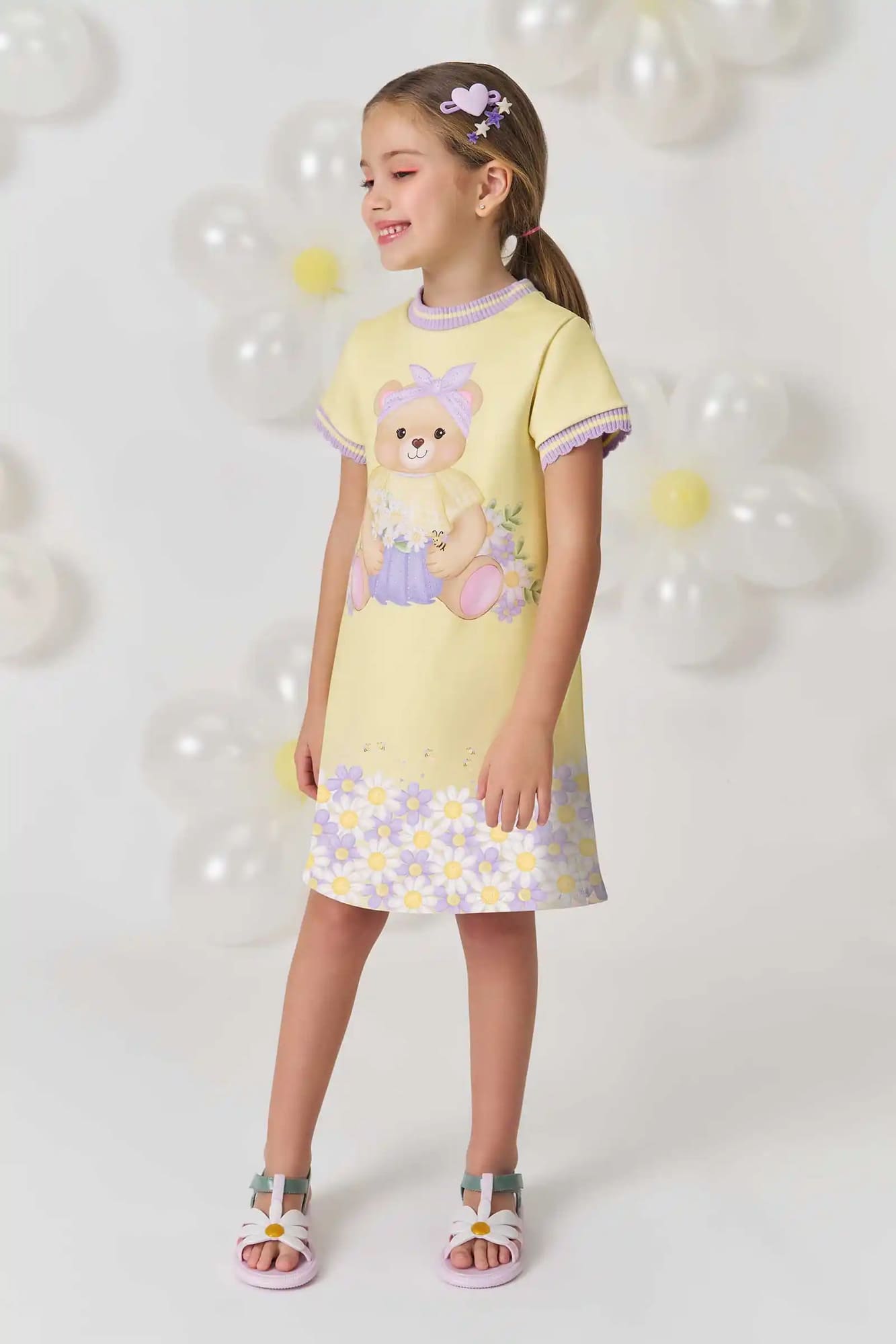 Vestido Infantil Kukiê Manga Curta Amarelo Ursinha Floral