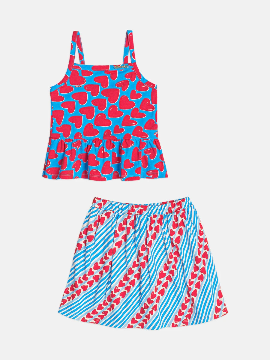 Conjunto Infantil Menina Bimbi Saia e Regata Azul Corações