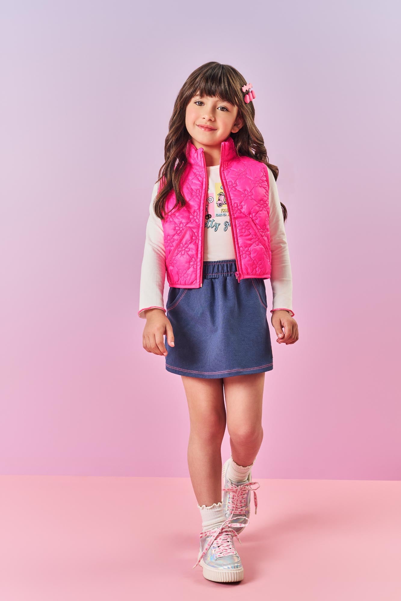 Conjunto Infantil Cinti Shorts Saia e Blusa Manga Longa com Colete Rosa Floral