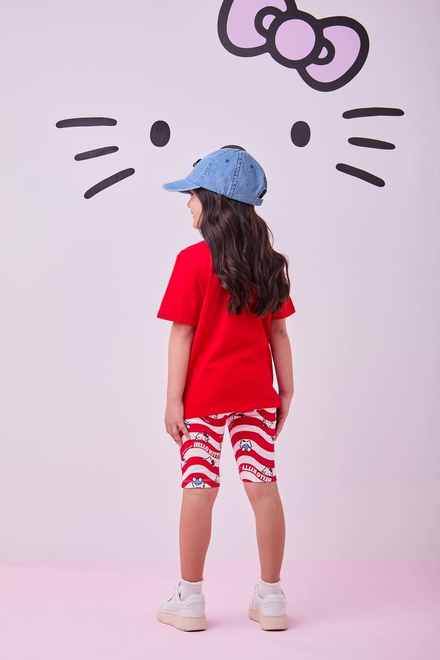 Conjunto Infantil Momi Verão Shorts Ciclista e Blusa Vermelha Hello Kitty