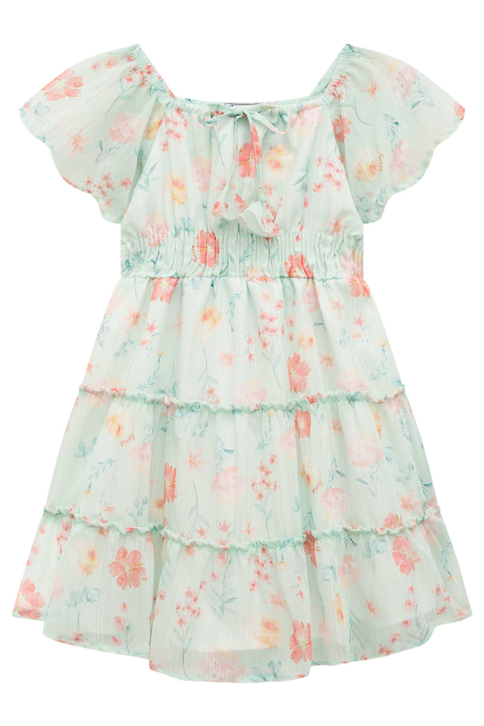 Vestido Infantil Kukie Verão Chiffon Verde Floral