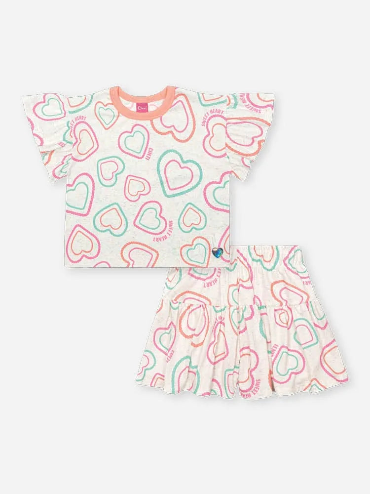Conjunto Infantil Menina Cinti com Shorts e Blusa Off White Corações