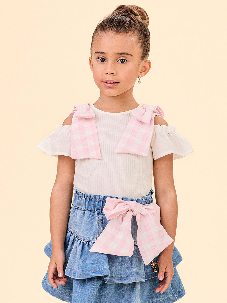 Conjunto Infantil Animê Verão Saia Jeans e Blusa Laços Rosas