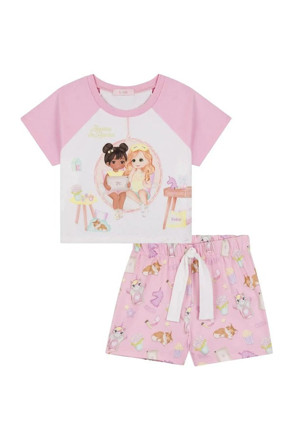 Pijama Infantil Kukiê Verão com Shorts Rosa e Blusa Branca Amiguinhas Festa do Pijama