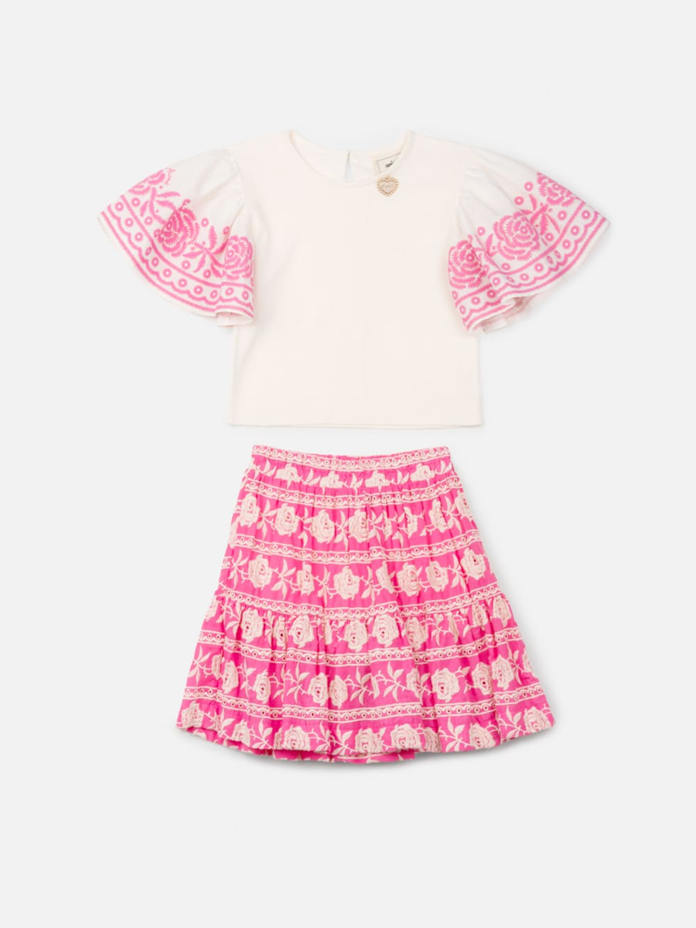 Conjunto Infantil Animê Verão Saia Rosa Bordada e Blusa