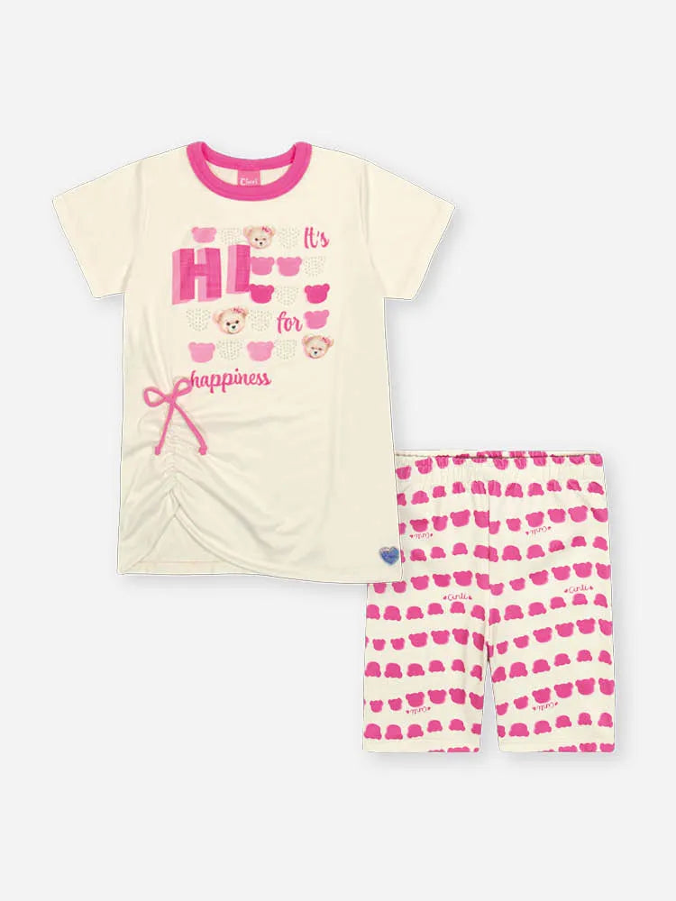 Conjunto Infantil Cinti Inverno Com Bermuda Rosa e Blusa Manga Curta Branca Ursinha