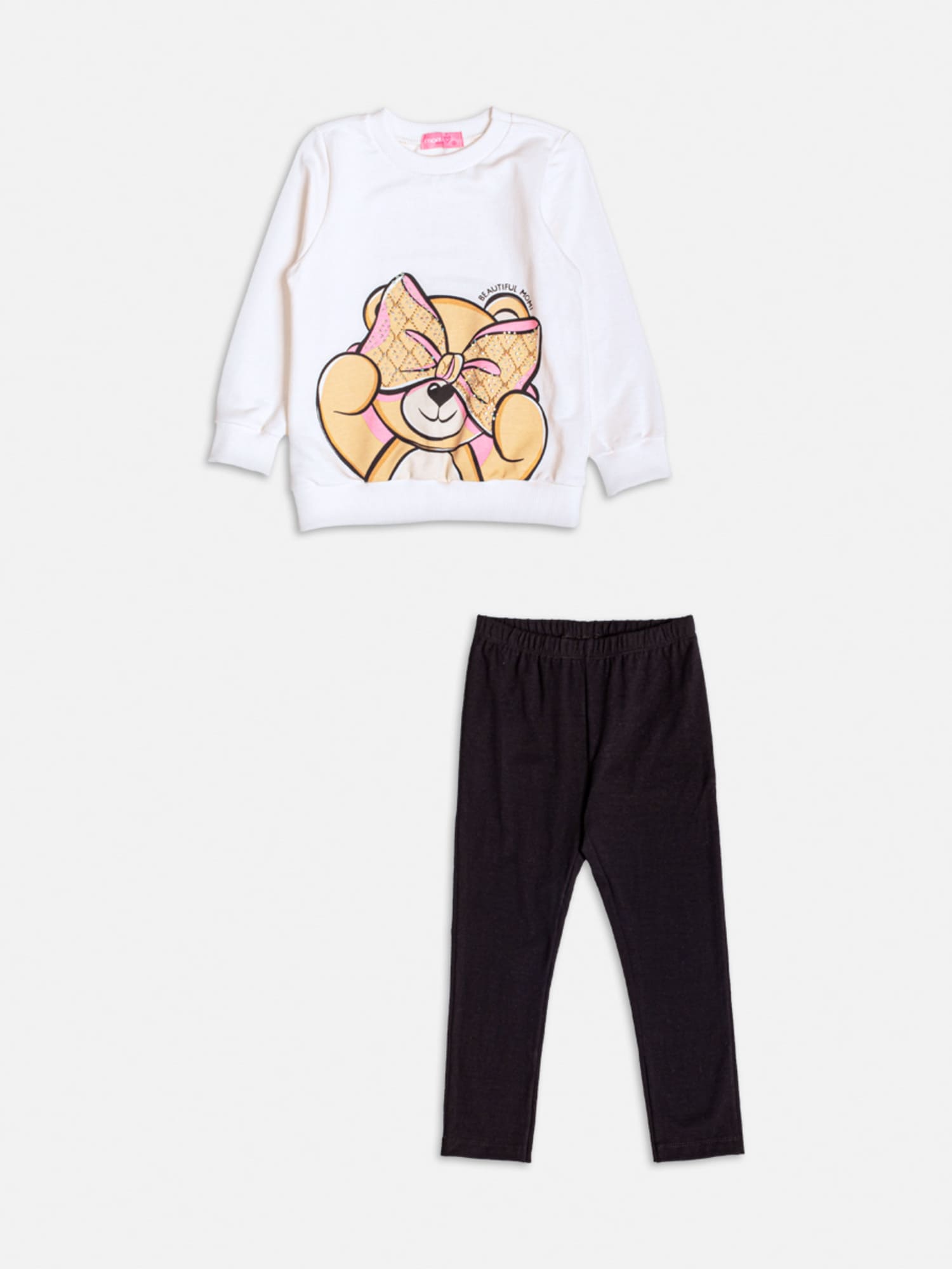 Conjunto Infantil Momi Inverno com Calça Preta e Casaco Branco Ursinho com Laço