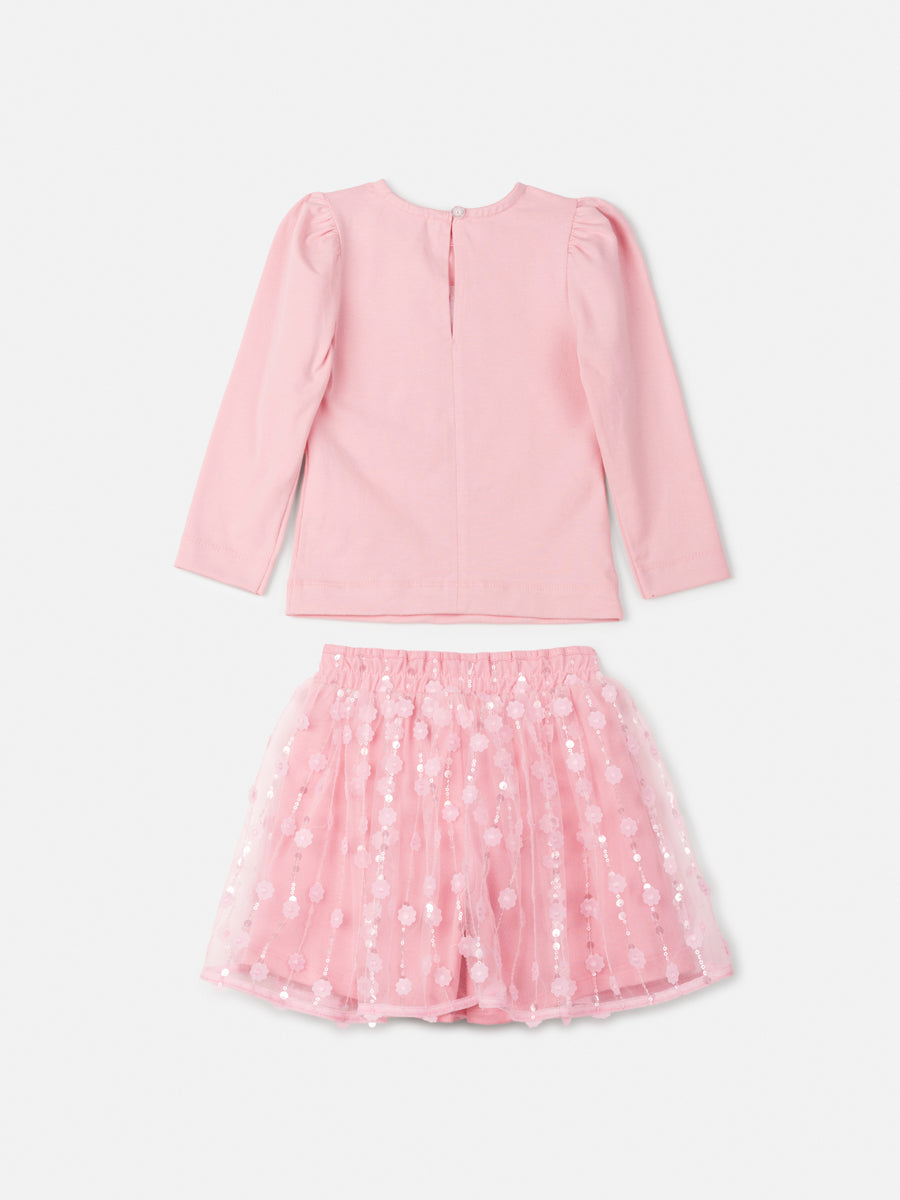 Conjunto Infantil Animê Inverno Com Saia Tule Florzinha e Blusa Rosa